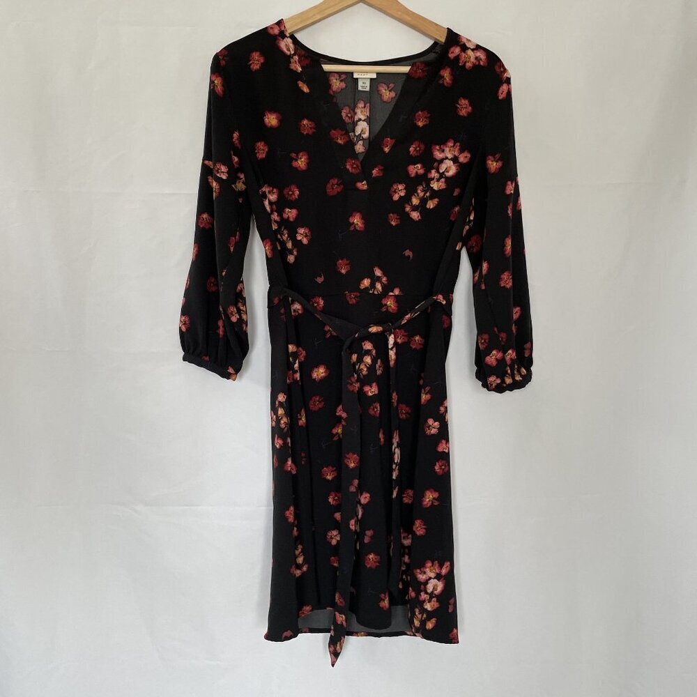 a new day black red orange floral long sleeved dress belted size XS modest